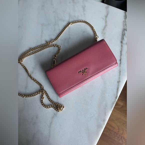 Prada Pink Saffiano Long Wallet with Generic Gold Crossbody Chain - Picture 7 of 16